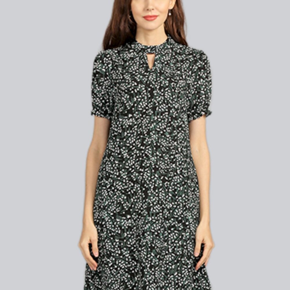 Pocket short sleeve straight over the knee A-line floral dress is slimming - Picture 3 of 5